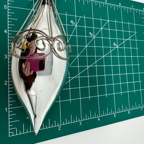 Vintage Silver Blown Glass Teardrop Christmas Ornament Wire Cage Mercury Finish - Picture 14 of 16